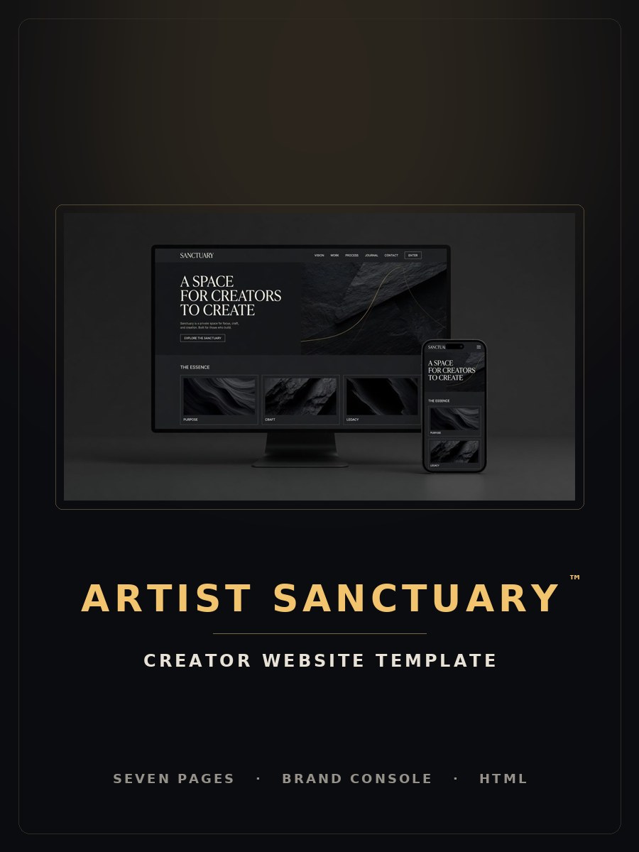 Artist Sanctuary — a cinematic seven-page creator website template shown on desktop and mobile