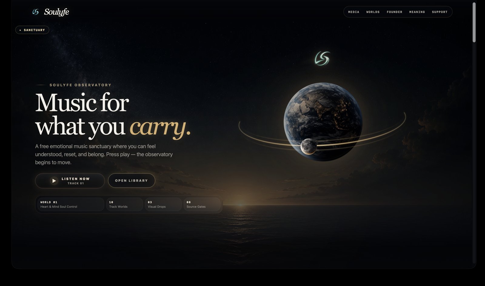 SOULYFE — Music for what you carry. The Observatory homepage with an orbital planet over an ocean horizon.
